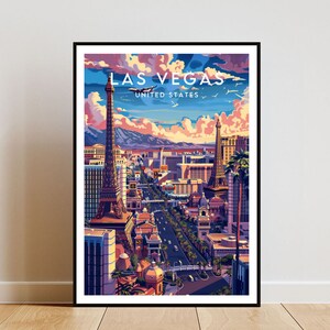 K&ouml;nnte beinhalten: Eine farbenfrohe Illustration der Skyline von Las Vegas mit dem Nachbau des Eiffelturms, den Springbrunnen des Bellagio und anderen Wahrzeichen. Der Text "Las Vegas, Vereinigte Staaten" ist oben im Bild zu sehen.
