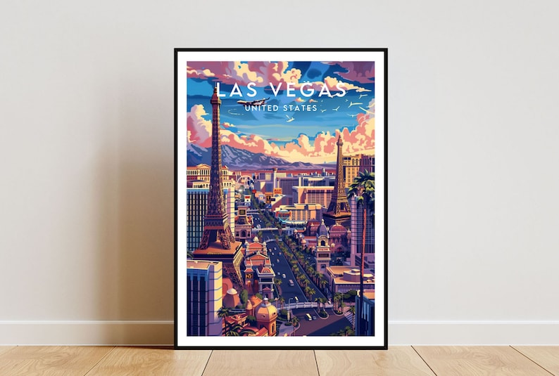 K&ouml;nnte beinhalten: Eine farbenfrohe Illustration der Skyline von Las Vegas mit dem Nachbau des Eiffelturms, den Springbrunnen des Bellagio und anderen Wahrzeichen. Der Text "Las Vegas, Vereinigte Staaten" ist oben im Bild zu sehen.