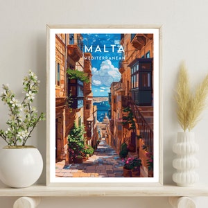 May include: A colorful illustration of a narrow street in Malta, with buildings on either side and a view of the Mediterranean Sea in the distance. The text "MALTA MEDITERRANEAN" is at the top of the image.