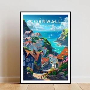 May include: A colorful illustration of a coastal town in Cornwall, England. The image features a hillside with colorful houses, a winding road, and a view of the ocean with boats. The text "CORNWALL ENGLAND" is at the top of the image.