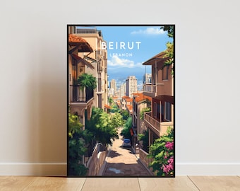 May include: A framed art print of a street scene in Beirut, Lebanon. The artwork depicts a narrow street lined with buildings, red tile roofs, and lush greenery. The sky is blue with the city name in white text.
