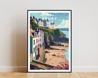 Impresión de viaje de Tenby - Gales, póster de Tenby, póster de Gales, arte mural de viaje, impresión de Gales, póster, Gales, Europa, Tenby, póster galés, impresión, Reino Unido