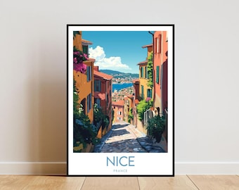 May include: A colorful illustration of a street in Nice, France. The street is lined with buildings in shades of yellow, orange, and red. The buildings have green shutters and balconies with flowers. The street is cobblestone and leads up a hill to a view of the Mediterranean Sea.