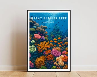Impresión de viaje de la Gran Barrera de Coral - Australia, póster de la Gran Barrera de Coral, póster de Australia, impresión de Australia, arte mural de viaje, arte de la barrera de coral