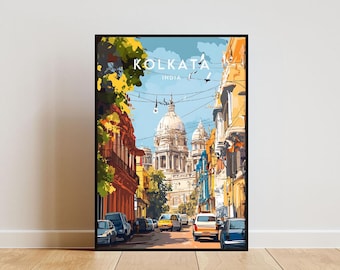 Puede incluir: Una ilustración colorida de una escena callejera en Calcuta, India. La imagen presenta un edificio alto con una cúpula, rodeado de edificios y árboles coloridos. Hay coches conduciendo por la calle.