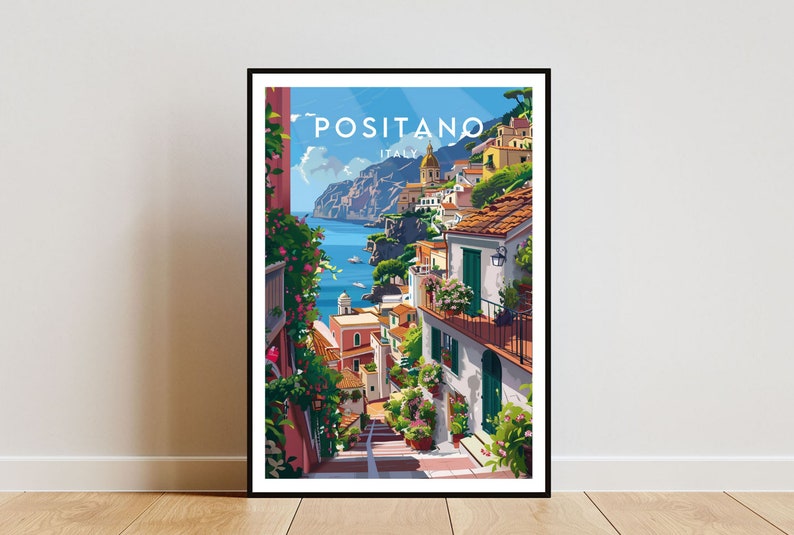 May include: A colorful illustration of Positano, Italy, featuring a view of the town's colorful buildings, winding streets, and the Mediterranean Sea. The text "POSITANO ITALY" is displayed at the top of the image.