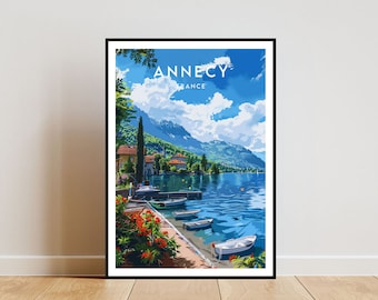 May include: A colourful illustration of a lake scene in Annecy, France. The image features a lake with boats, a mountain range in the background, and a small town on the shore. The text "Annecy, France" is displayed at the top of the image.