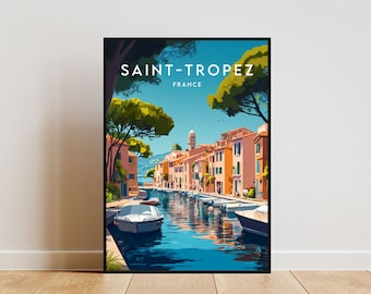 May include: A colorful illustration of Saint-Tropez, France, featuring a canal with boats and buildings along the waterfront. The text "SAINT-TROPEZ" and "FRANCE" is displayed at the top of the image.