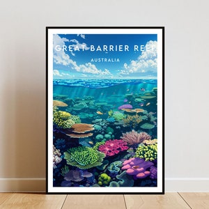 May include: A colorful illustration of the Great Barrier Reef in Australia. The image shows a vibrant underwater scene with coral reefs, fish, and a blue sky above the water.