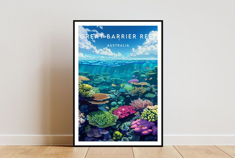 May include: A colorful illustration of the Great Barrier Reef in Australia. The image shows a vibrant underwater scene with coral reefs, fish, and a blue sky above the water.