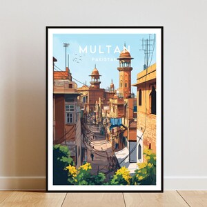 May include: A colorful illustration of a street scene in Multan, Pakistan. The image features a narrow street lined with buildings, with a mosque in the background. The buildings are painted in shades of orange, yellow, and brown, and the street is filled with people and wires.