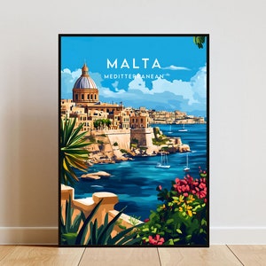 May include: A colorful illustration of a cityscape with a large domed building in the center. The city is on a peninsula with a blue body of water in the foreground. The text "MALTA MEDITTERANEAN" is at the top of the image.