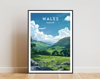 May include: A colorful illustration of a valley in Wales, Europe. The image features rolling green hills, a blue sky with white clouds, and a distant mountain range.