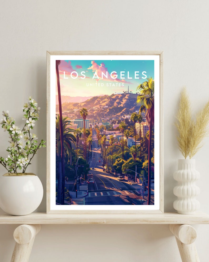 May include: A vintage travel poster featuring a scenic view of Los Angeles, California, with palm trees and a cityscape in the background. The poster has the text "Los Angeles, United States" at the top.