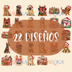 Puede incluir: Una colección digital de 28 diseños con ilustraciones de varios perros y gatos con gorros de Papá Noel y envueltos en luces navideñas de colores, con el texto 28 DISEÑOS centrado en un óvalo marrón sobre las imágenes.