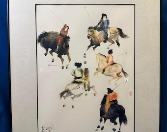 Framed Chinese Ink Wash Painting Tang Dynasty Polo Players Horse Art 2001