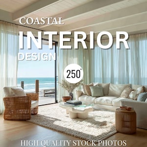 Pode incluir: Conceito de design de interiores costeiros com uma sala de estar com vista para o mar. A sala inclui um sofá branco, cadeiras de vime, uma mesa de centro e um tapete. A imagem contém o texto "COASTAL INTERIOR DESIGN" e "HIGH QUALITY STOCK PHOTOS".