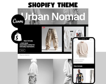 May include: A digital display of a Shopify website theme titled Urban Nomad, featuring a layout with clothing images, navigation menus, and a mobile phone mockup showing a product page with a beige sweatshirt and a varsity jacket on a white background.