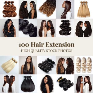 May include: A collage of hair extensions in various styles and colors, including straight, wavy, and curly textures. The image features bundles of hair in shades of brown, black, blonde, and auburn. Text reads "100 Hair Extension HIGH QUALITY STOCK PHOTOS."