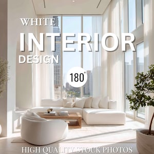 Pode incluir: Um conceito de design de interiores brilhante e arejado com um sofá branco, uma mesa de centro de madeira e uma cadeira de saco. A sala é banhada pela luz natural de grandes janelas com cortinas transparentes. Texto: "WHITE INTERIOR DESIGN" e "HIGH QUALITY STOCK PHOTOS".