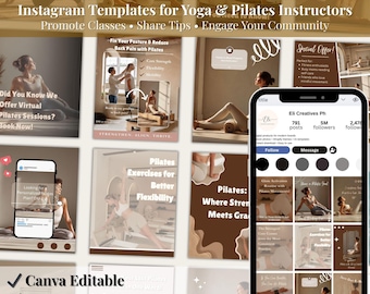 Plantillas de Instagram para yoga, pilates y barra / Pack Canva de fitness suave / Publicaciones de bienestar para instructores de fitness en redes sociales / Descarga digital