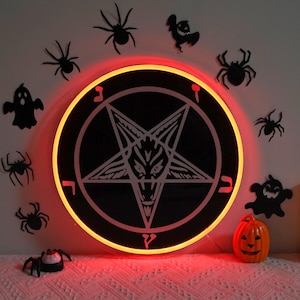 Pentagram Baphomet Goat Head Neon Sign,Pagan Lucifer Satan Led Decor, Black Goat Led Light, Satan Sigil Wall Decor, Halloween Sign