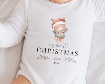 Baby's First Christmas Baby Bodysuit | Personalized Name and Year | Bear Xmas Newborn Milestone Clothing | 110