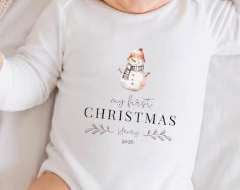 Personalizable Baby's First Christmas Baby Bodysuit | Personalized Name and Year | Snowman Xmas Newborn Milestone Clothing | 111