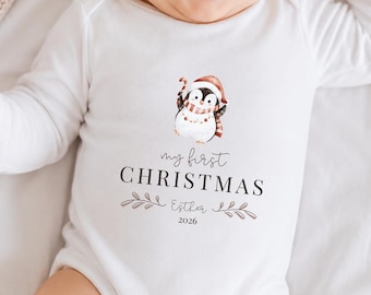 Personalized Baby's First Christmas Baby Bodysuit | Custom Name and Year | Penguin Animal Xmas Newborn Milestone Clothing | 112