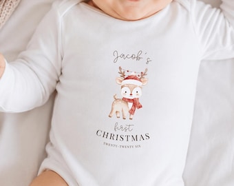Baby's First Christmas Personalized Baby Bodysuit | Name and Year | Reindeer Animal Xmas Newborn Milestone Clothing | 113
