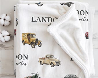 Personalized Name Blanket | Vintage Cars Theme Custom Name Blanket | Boyfriend, Husband, Son, Baby Gift | 010