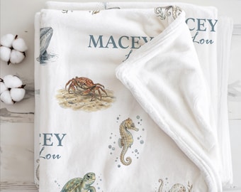 Personalized Name Blanket | Sea Animals Ocean Theme | Custom Name Children Baby Blanket | 012