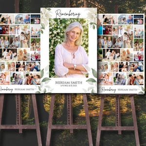 May include: A memorial display featuring a central portrait of a woman, surrounded by a collage of photos. The design includes floral accents and the text "Remembering Miriam Smith" with dates. The display is set on a wooden easel.