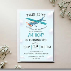 Time Flies First Birthday Invitation for Boy, First birthday invitation for plane theme.