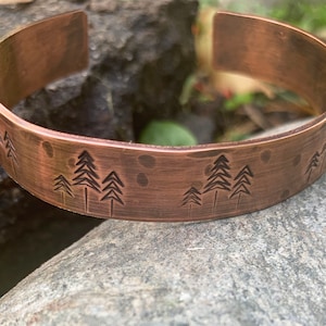 Rustic Copper Bracelet, Nature Inspired Jewelry, Cuff with Tree Line, Forest Lover Gift, Bracelet with Forest Engraving, Outdoor Lover Gift