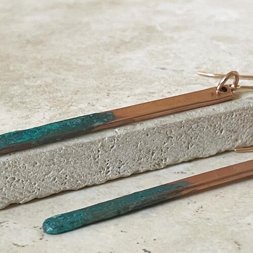 Artisan Made Copper Earrings with Verdigris Patina, 7th Anniversary Gift