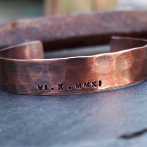 Men's Copper Bracelet, Oxidized Copper Cuff, Roman Numeral Bracelet, 7th Anniversary Gift image 1