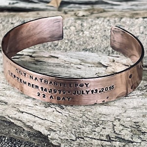 Copper KIA bracelet. Hand Stamped KIA Memorial Cuff, Personalized KIA Bracelet, End of Watch Bracelet
