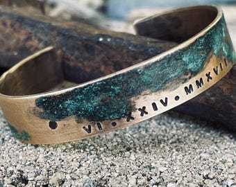 Roman Numeral Bracelet for Him, Bronze Anniversary Gift, Custom Mens Cuff, 8th or 19th Anniversary, Personalized Date Bracelet for Husband