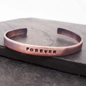 Copper Anniversary Bracelet, Oxidized Copper FOREVER cuff, 7th Anniversary Gift image 1