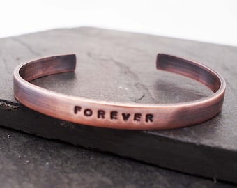 Copper Anniversary Bracelet, Oxidized Copper FOREVER cuff, 7th Anniversary Gift