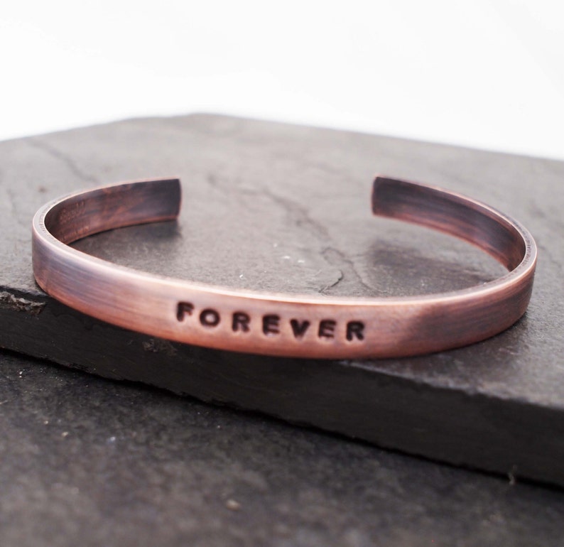 Copper Anniversary Bracelet, Oxidized Copper FOREVER cuff, 7th Anniversary Gift image 1