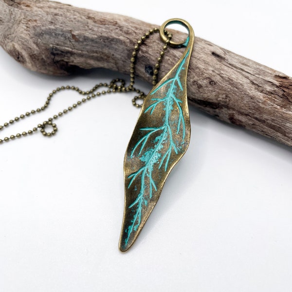 Verdigris Patina Leaf Necklace. Bronze Gift. Bronze 8th or 19th Anniversary Gift.Double Sided Necklace