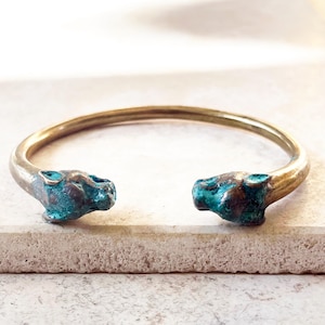 Solid Brass Leopard Head Cuff Bracelet with Verdigris Patina