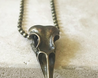 Bronze Raven Skull Pendant: Goth Bird Skull Necklace