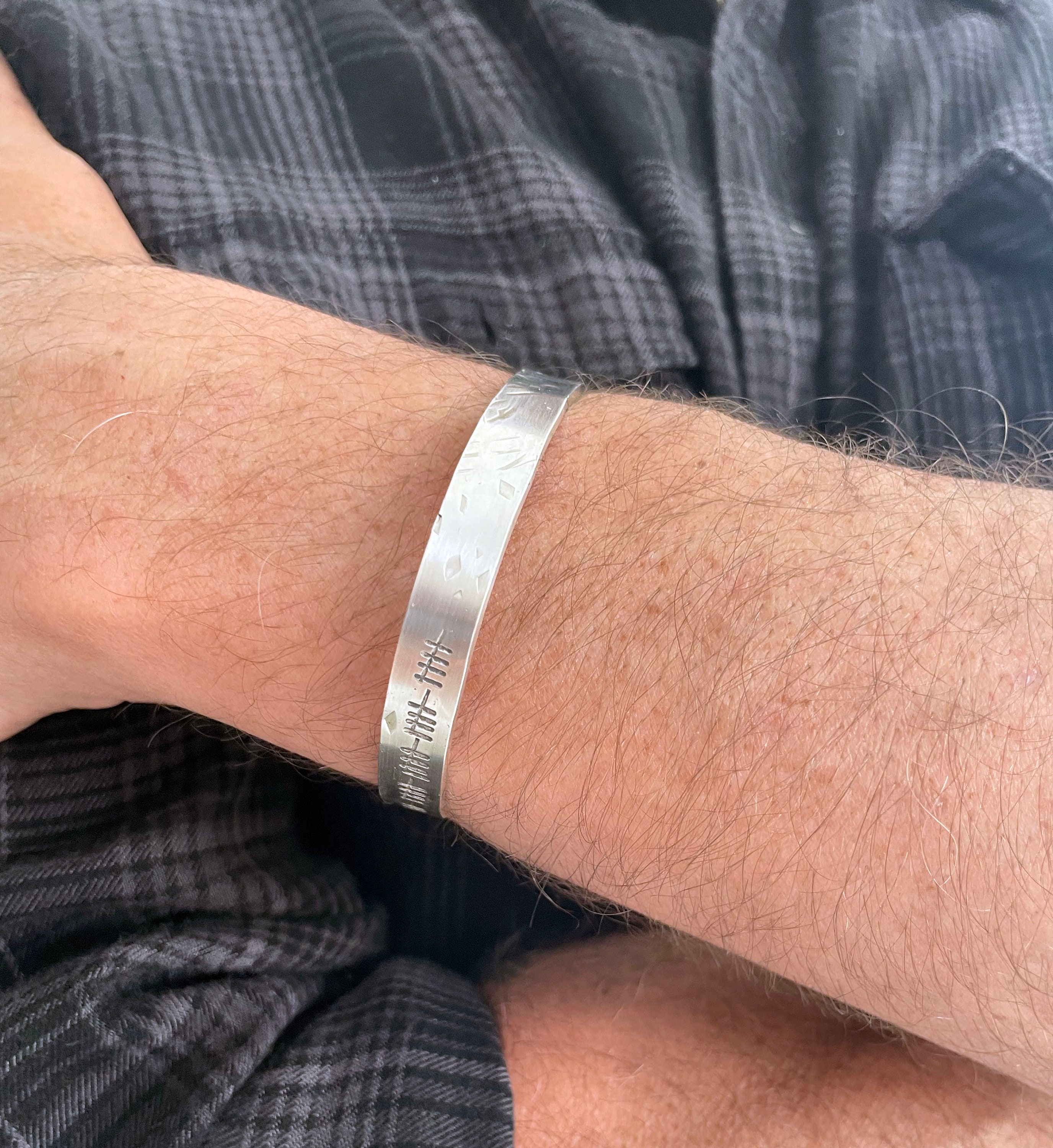 Men's Silver Tally Mark Bracelet, Heavy Distressed Silver