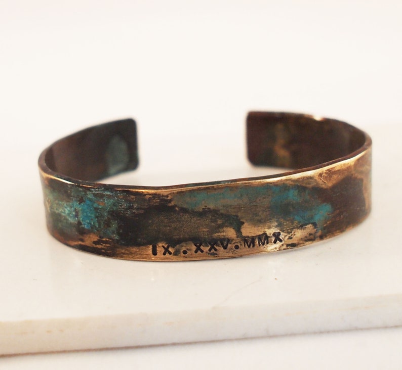 8th Anniversary Gift Ladies Bronze Roman Numeral Bracelet with Verdigris Patina