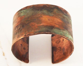 Wide Copper Cuff with Verdigris Patina, Copper Anniversary Gift, 7th Anniversary Bracelet