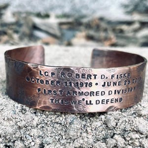 Distressed Copper KIA bracelet. Hand Stamped KIA Memorial Cuff, Personalized KIA Bracelet, End of Watch Bracelet,Rustic Hand Forged Memorial