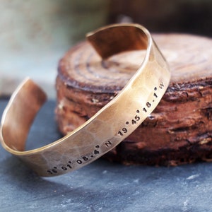 Unisex Bronze Cuff, Latitude Longitude Cuff, GPS Coordinates Bracelet,  8th Anniversary Gift, His and Hers Gift, Couples Gift